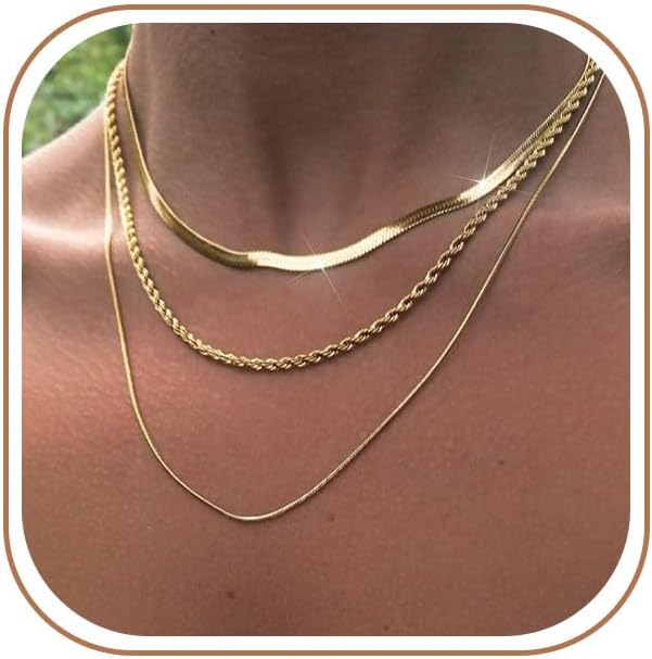3PCS Chunky Gold Layered Herringbone Necklace Stack for Women