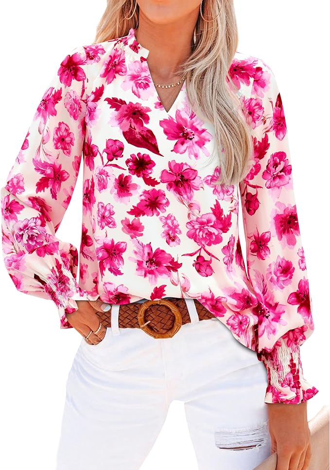MASCOMODA Boho Floral Long Sleeve V Neck Blouse — White Pink Flower