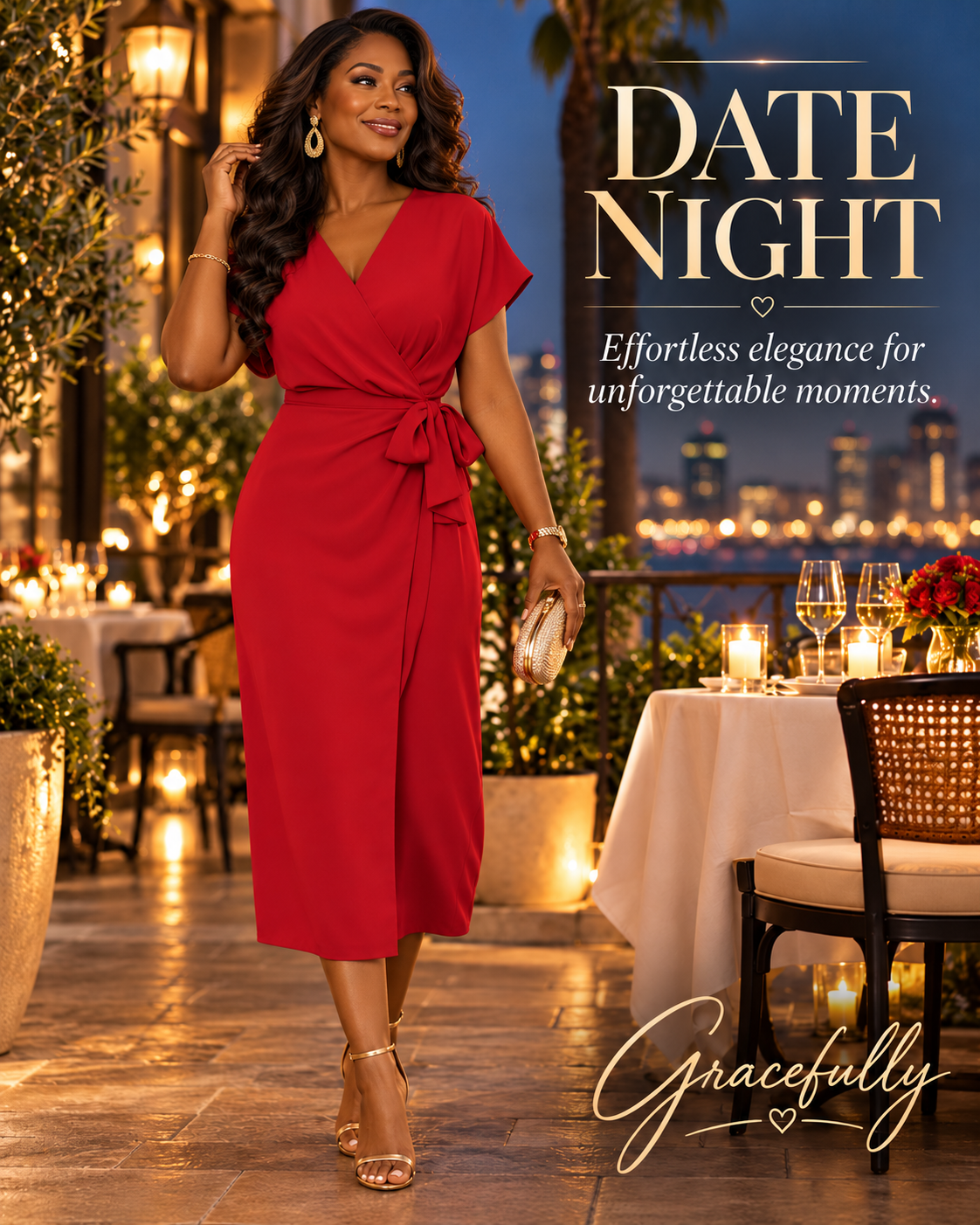 Date Night — Effortless elegance for unforgettable moments. A Black woman in a red wrap midi dress on a candlelit waterfront terrace