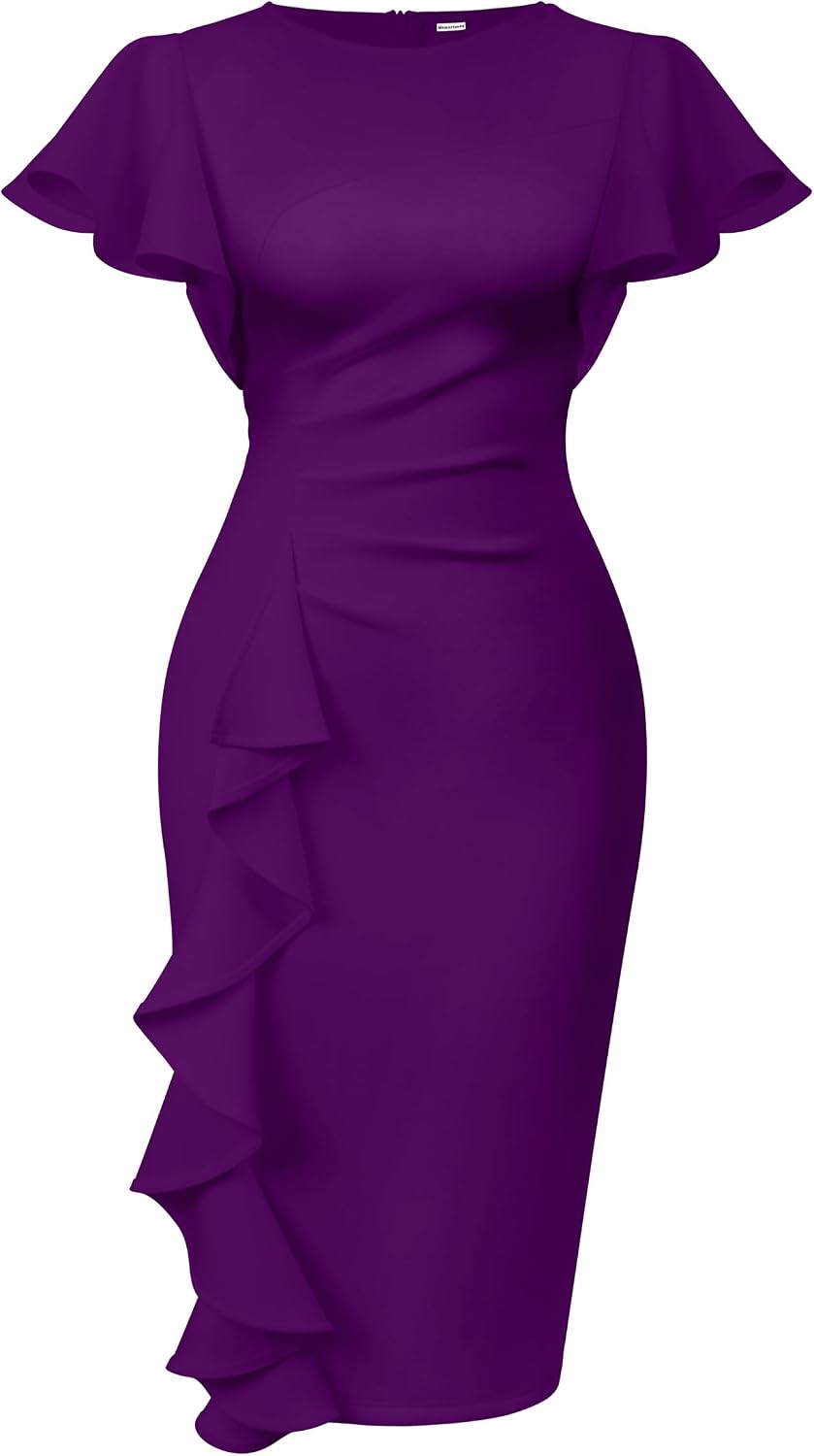 Memoriesea Women's Church Ruffle Sleeve Ruched Work Midi Dress — Purple