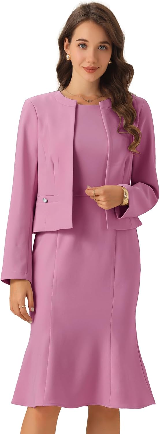 Allegra K collarless cropped jacket and sleeveless mermaid midi dress — Dark Pink