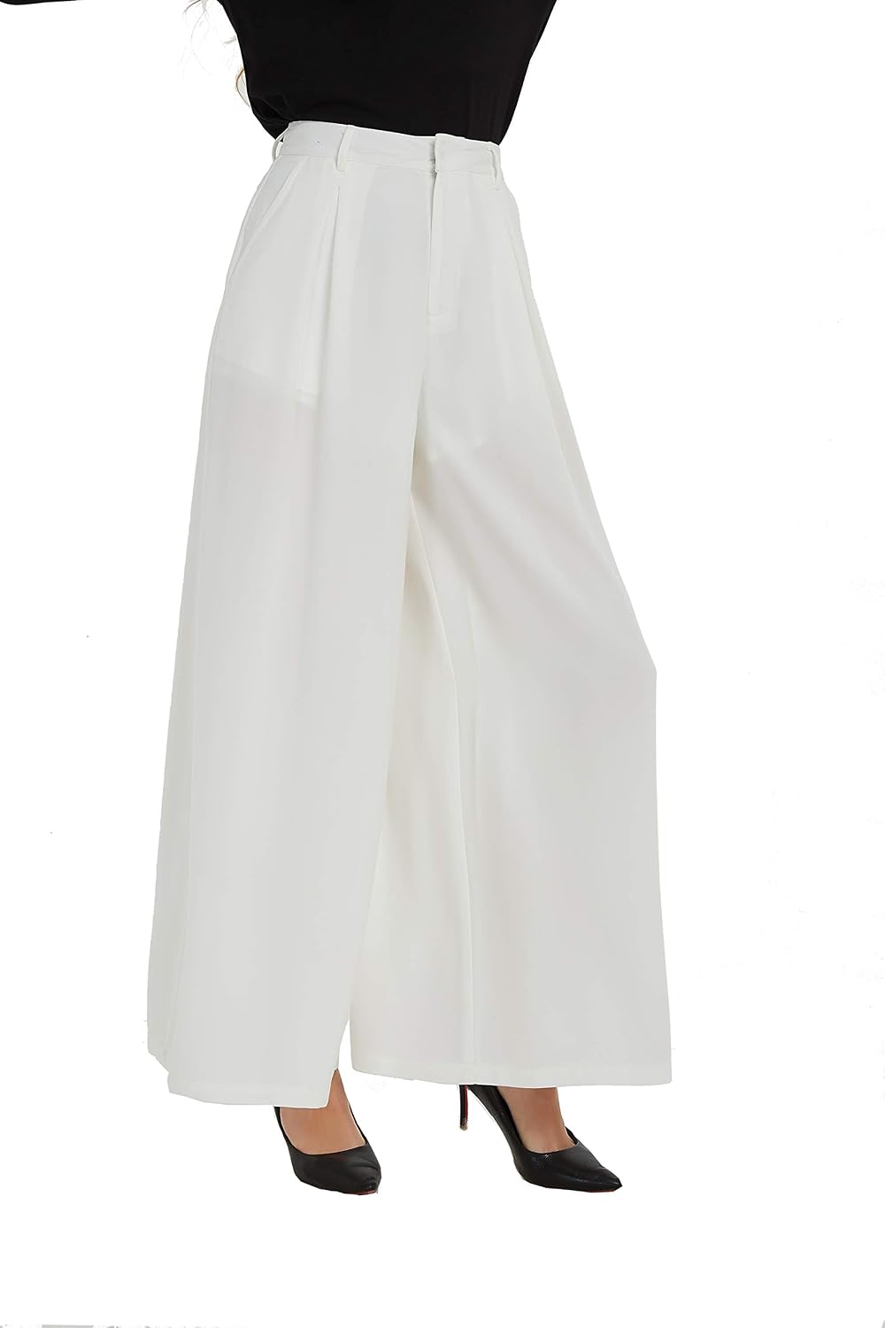Tronjori Women’s High Waist Casual Wide Leg Palazzo Business Pants — Ivory White