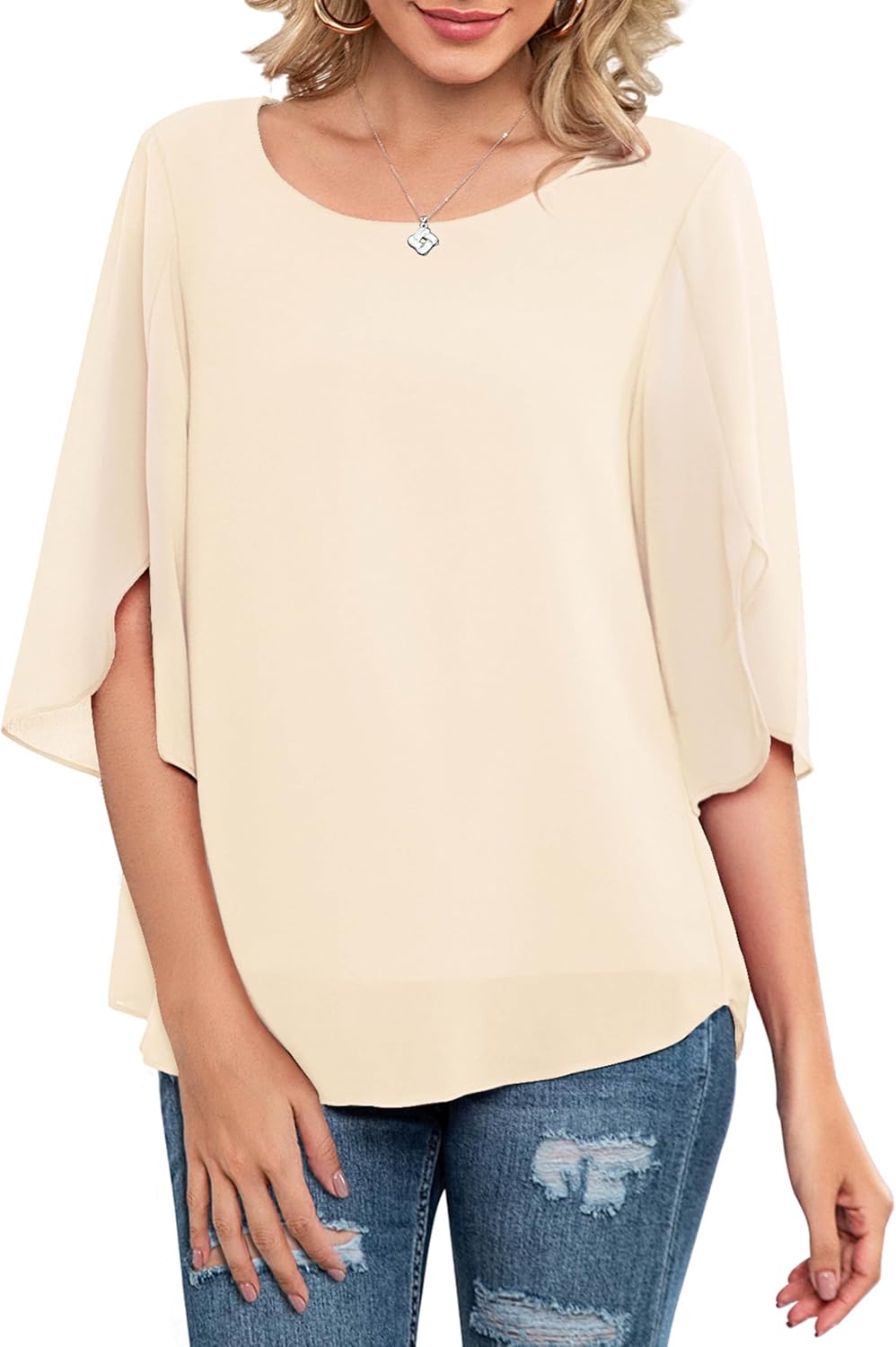 Neineiwu Women's Casual Scoop Neck 3/4 Sleeve Chiffon Blouse — Apricot