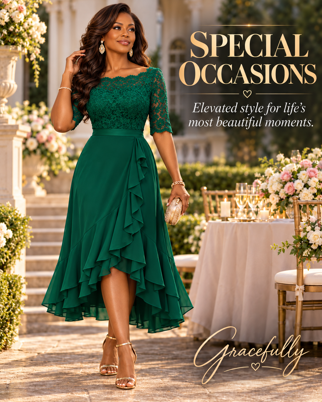 Special Occasions — Elevated style for life’s most beautiful moments. A Black woman in an emerald lace and ruffled hi-lo dress at a garden celebration