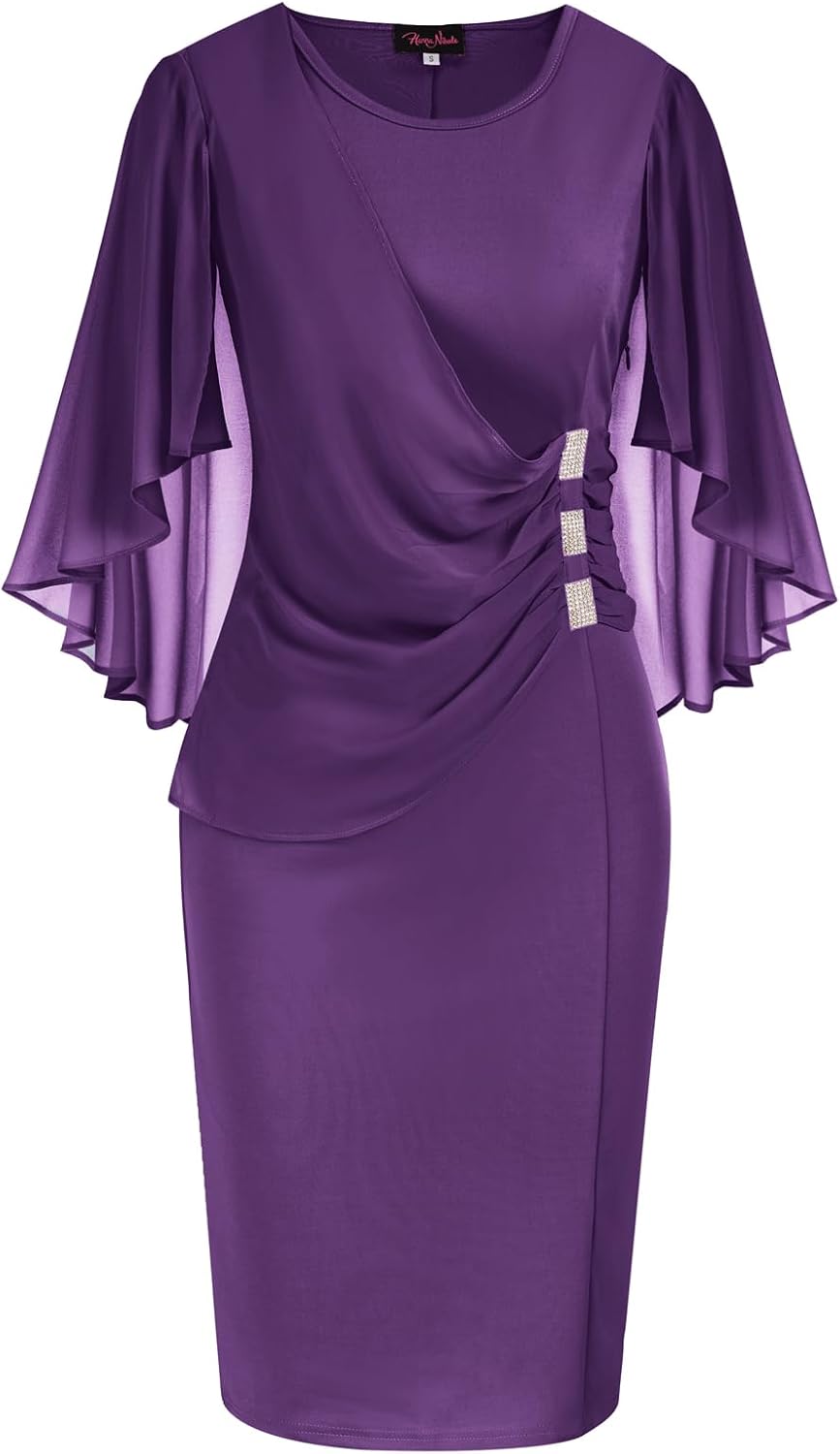 Hanna Nikole Chiffon Cape-Sleeve Pencil Dress — Purple