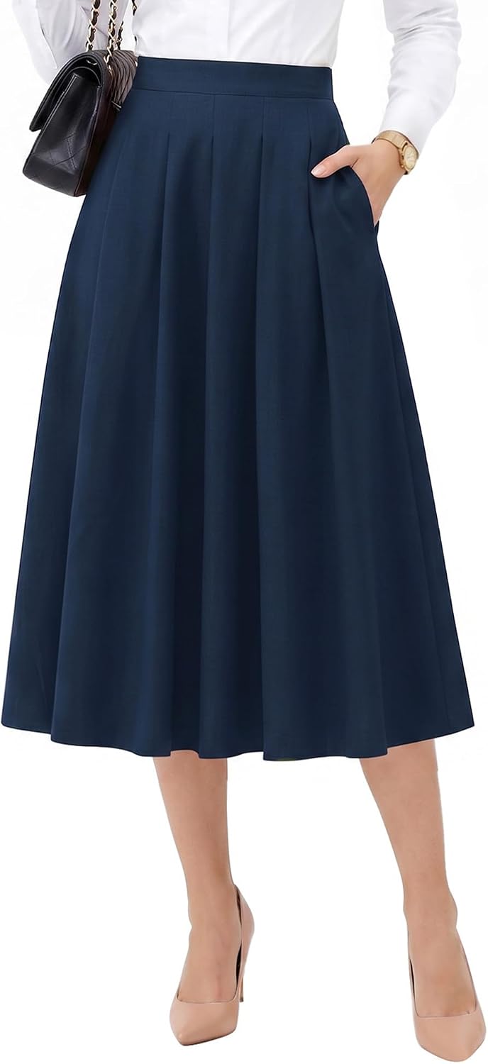 Dressystar Pleated Midi Skirts for Women Business Work with Pockets