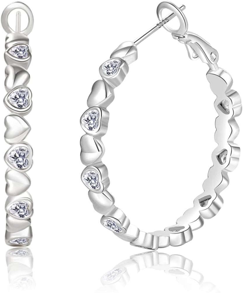 PABBEU silver-plated cubic-zirconia heart hoop earrings — 30mm