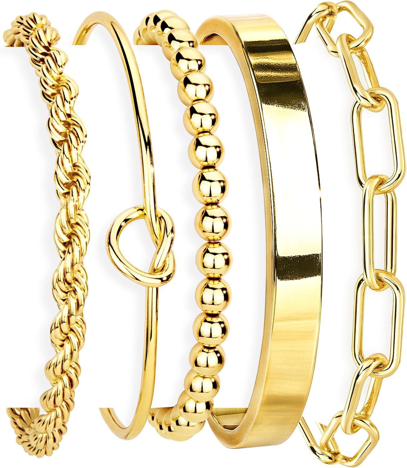 Gokeey Gold Bracelets Set for Women Non Tarnish, Waterproof 14K Gold Plated Sterling Silver Chunky Cuff Bracelet Stackable Gold Bangles Bracelet for Women Trendy Fashion Accessories Tie Knot Cuban Rope Paperclip Beaded Bracelet Stack Jewelry Mothers Day Gifts for Mom Birthday