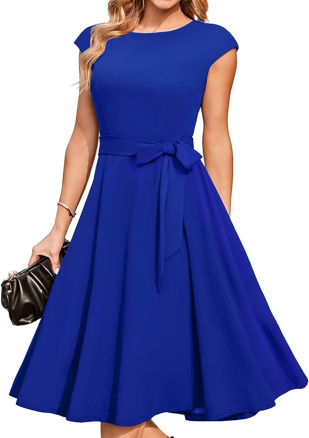 DRESSTELLS royal-blue cap-sleeve fit-and-flare midi dress