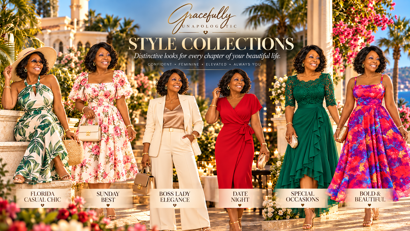 Gracefully Unapologetic Style Collections: Florida Casual Chic, Sunday Best, Boss Lady Elegance, Date Night, Special Occasions, and Bold & Beautiful
