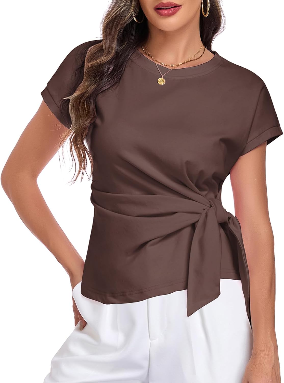 HOTIAN cap-sleeve tie-waist blouse — Brown