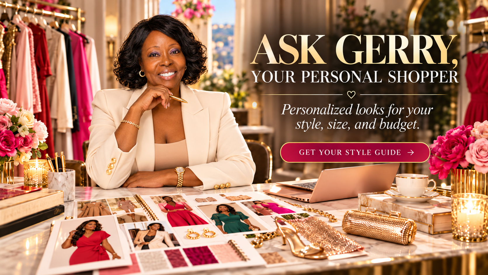 Gerry Pauldo at her styling desk. Ask Gerry, Your Personal Shopper: personalized looks for your style, size, and budget.