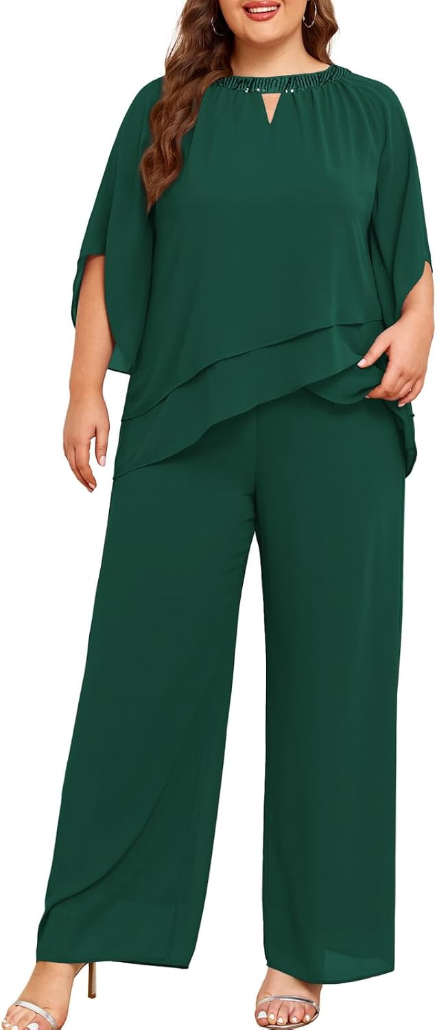 Hanna Nikole two-piece chiffon pantsuit — Dark Green