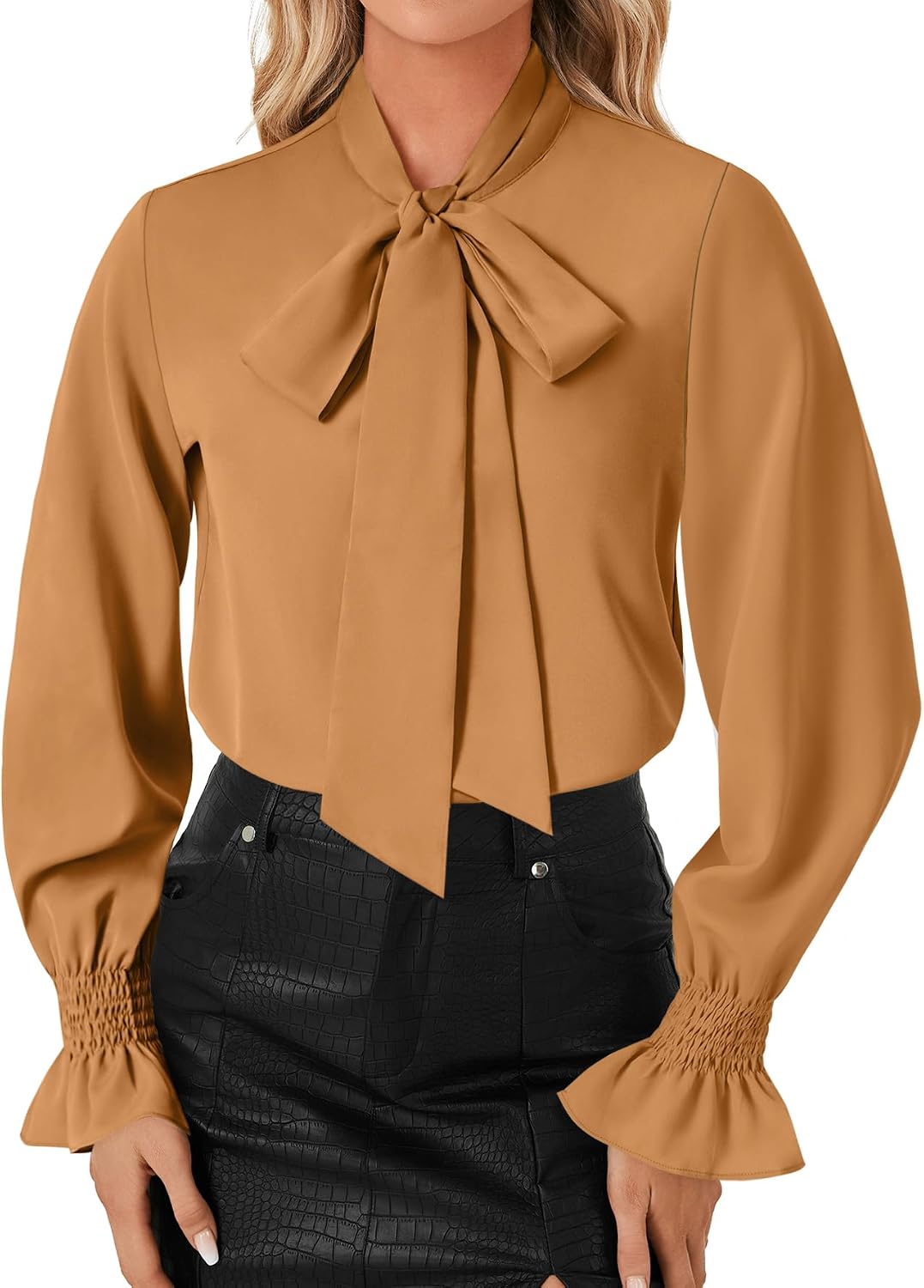 LYANER Bow Tie Neck Business Work Blouse — Camel