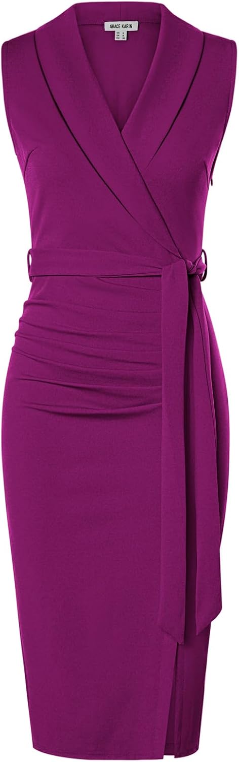 GRACE KARIN Women's Wear to Work Sleeveless Ruched Bodycon Office Pencil Midi Dresses with Belt — select Pink Purple on Amazon