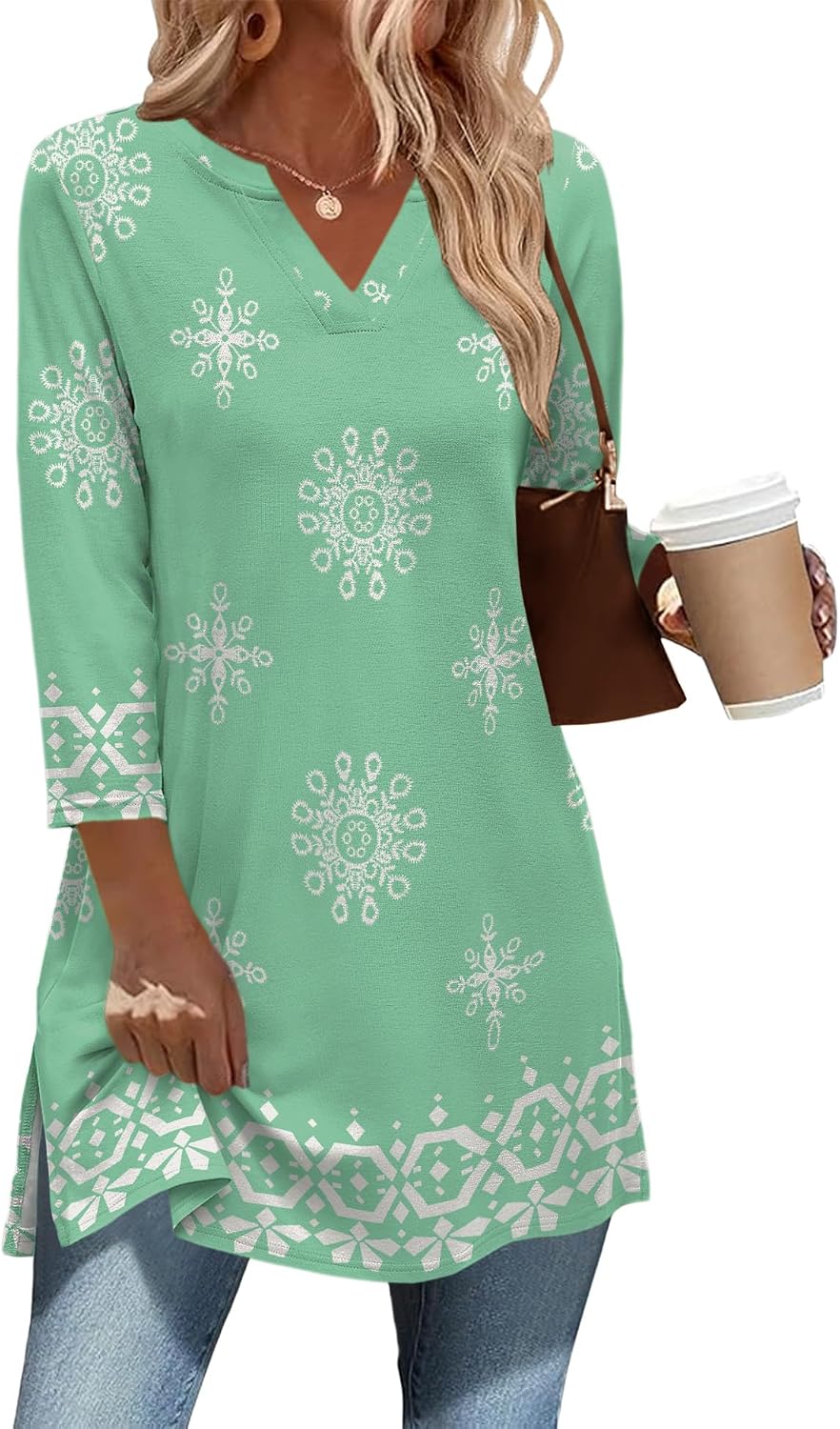 Ivicoer 3/4 Sleeve Boho Tunic — Green Floral