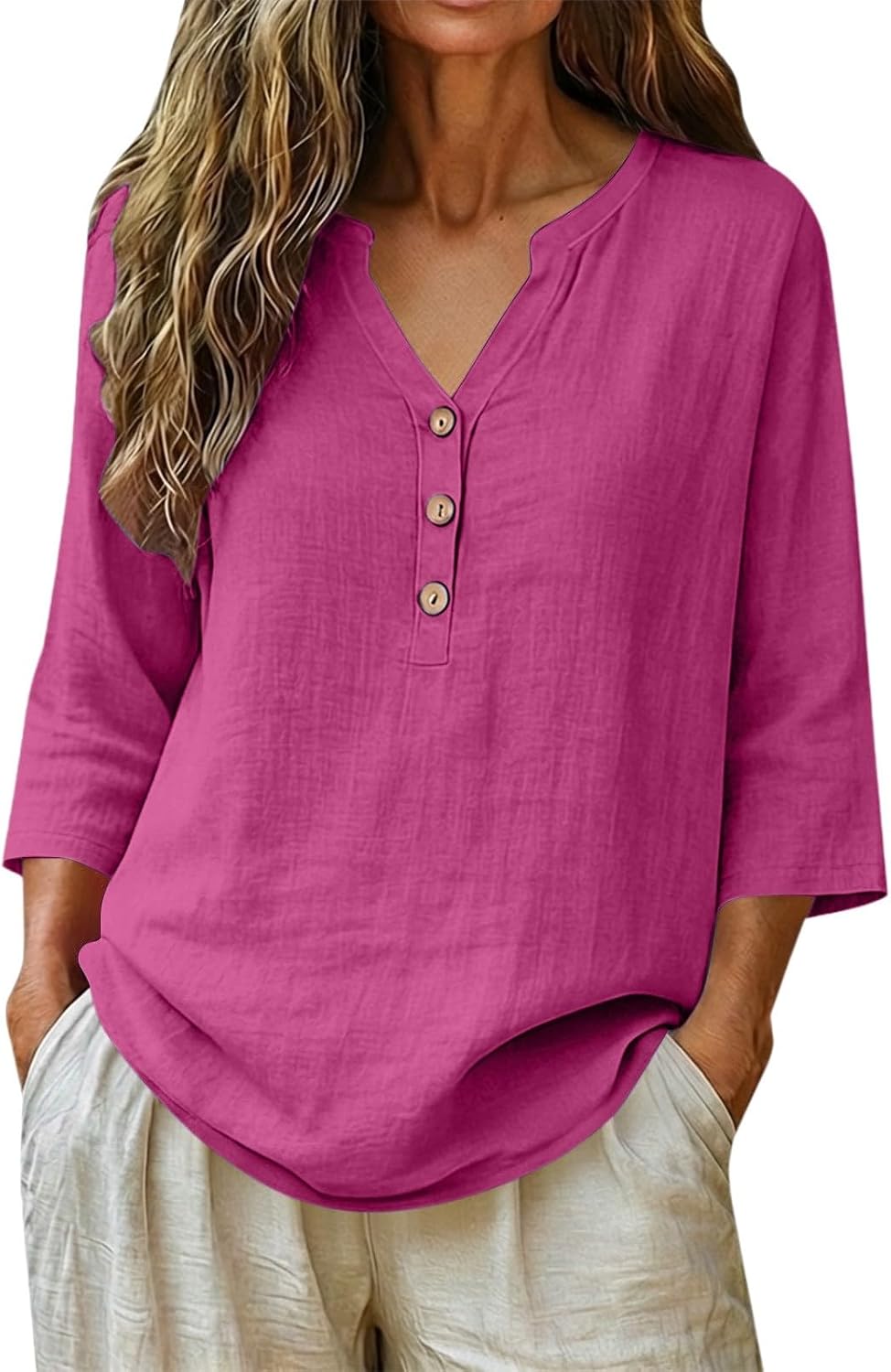 Godalithic Linen Tops for Women — Cotton Boho 3/4 Sleeve Gauze Tunic Blouse