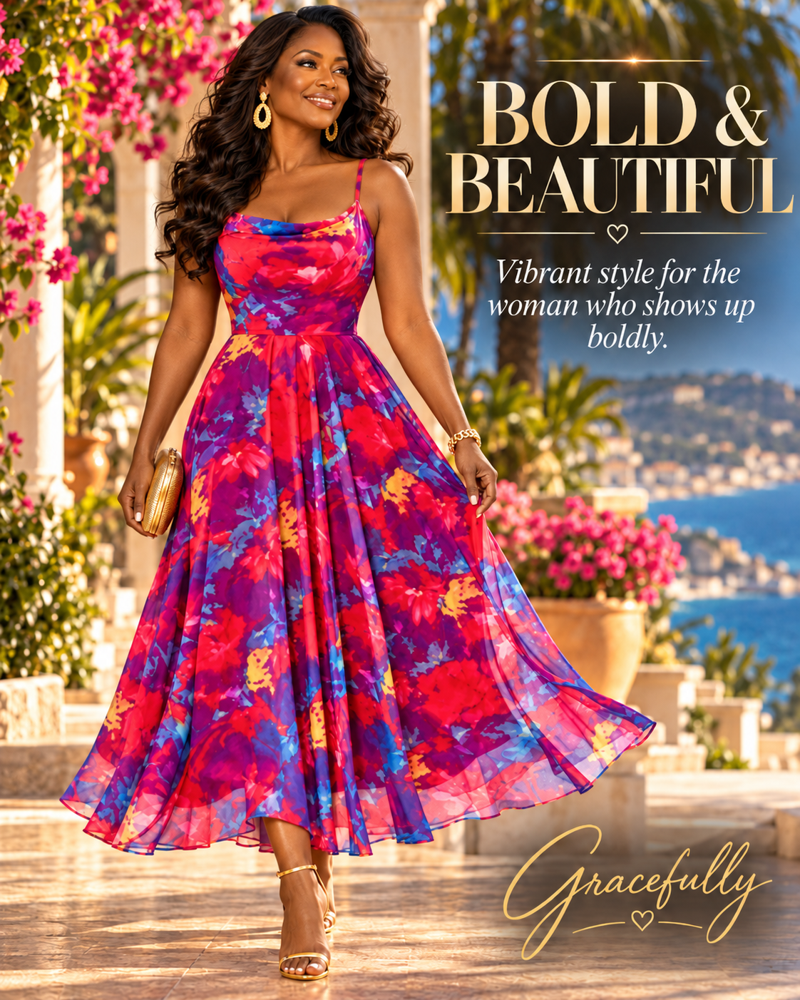 Bold & Beautiful — Vibrant style for the woman who shows up boldly. A Black woman in a flowing pink, red, and purple floral maxi dress on a coastal terrace