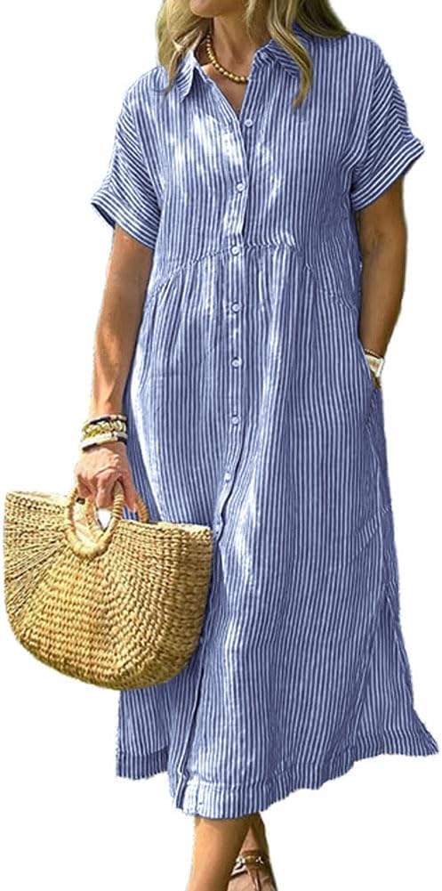 chouyatou Women's Striped Midi Shirt Dress — Blue
