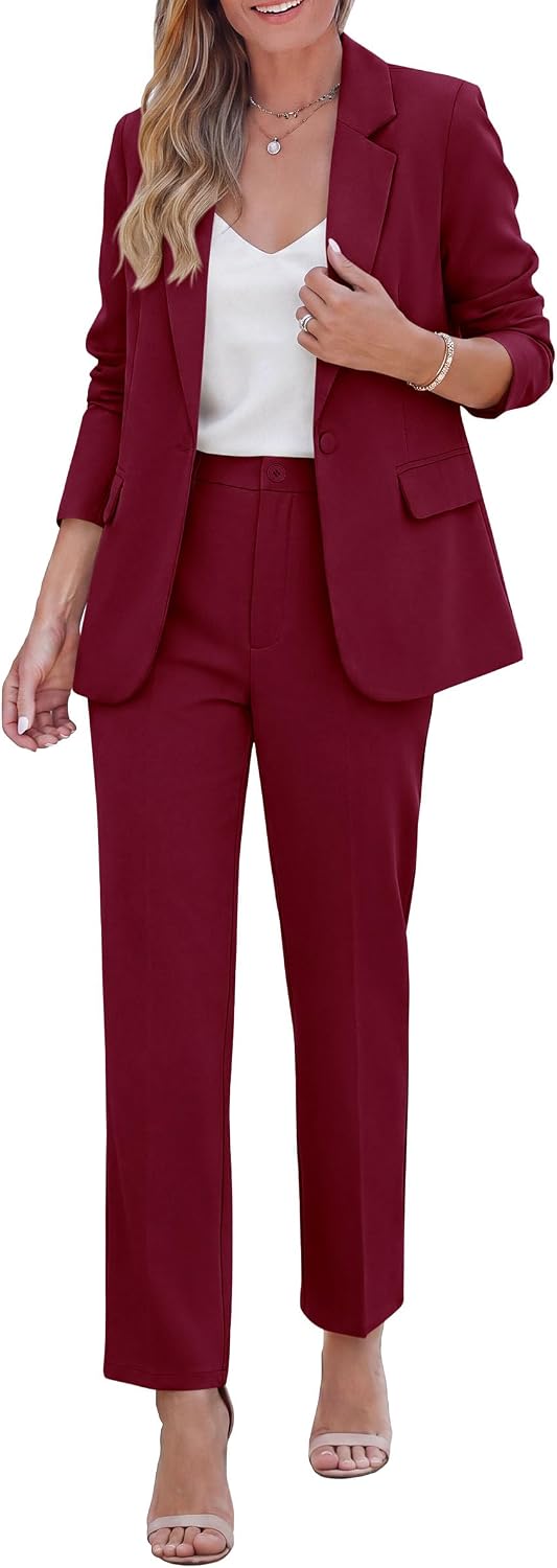 PRETTYGARDEN Two Piece Sets for Women Dressy Pant Suits — Wine Red