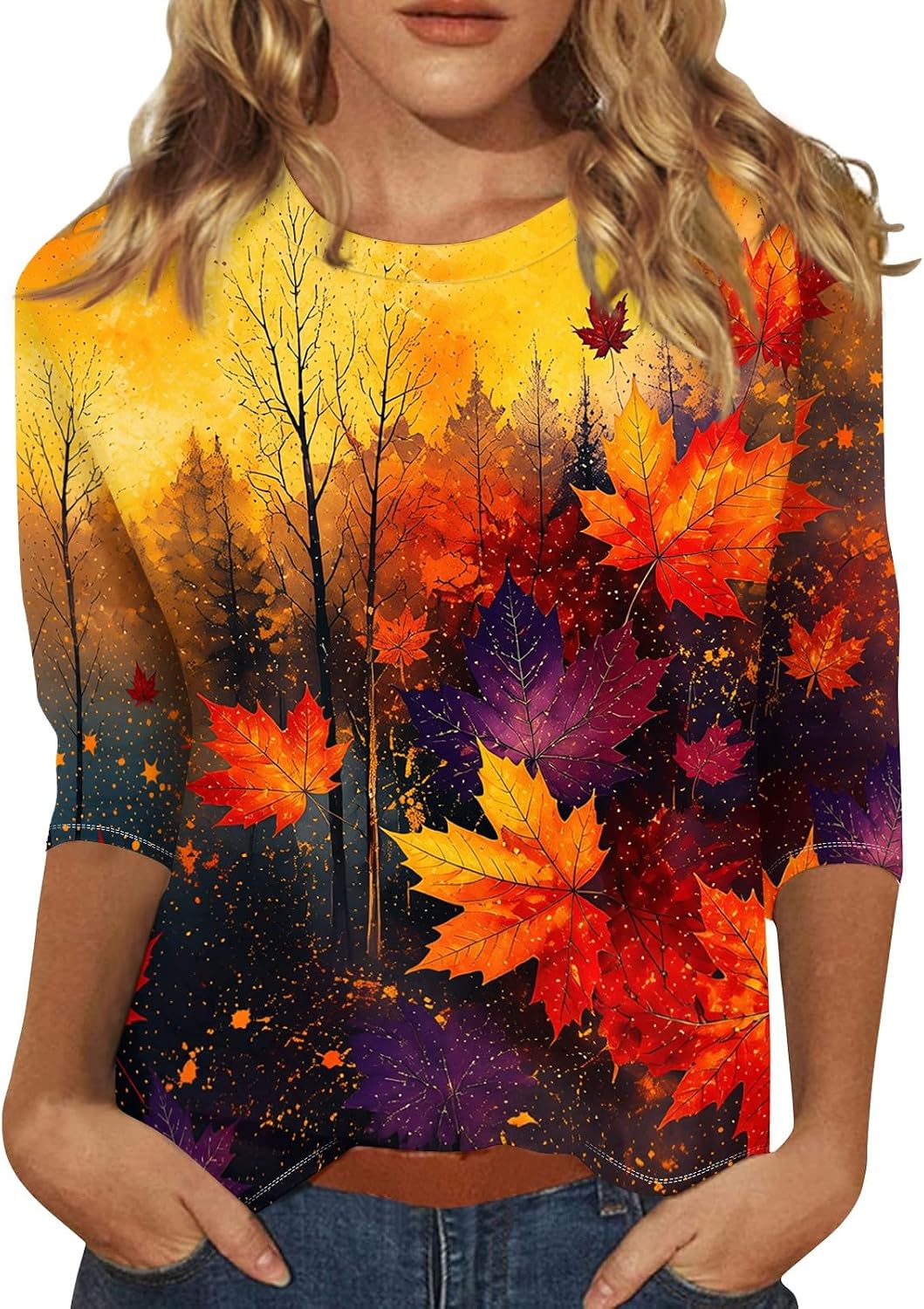 Women's 3/4 Sleeve Tops Crewneck Fall Leaf Print Casual Shirts — select 31-Gold