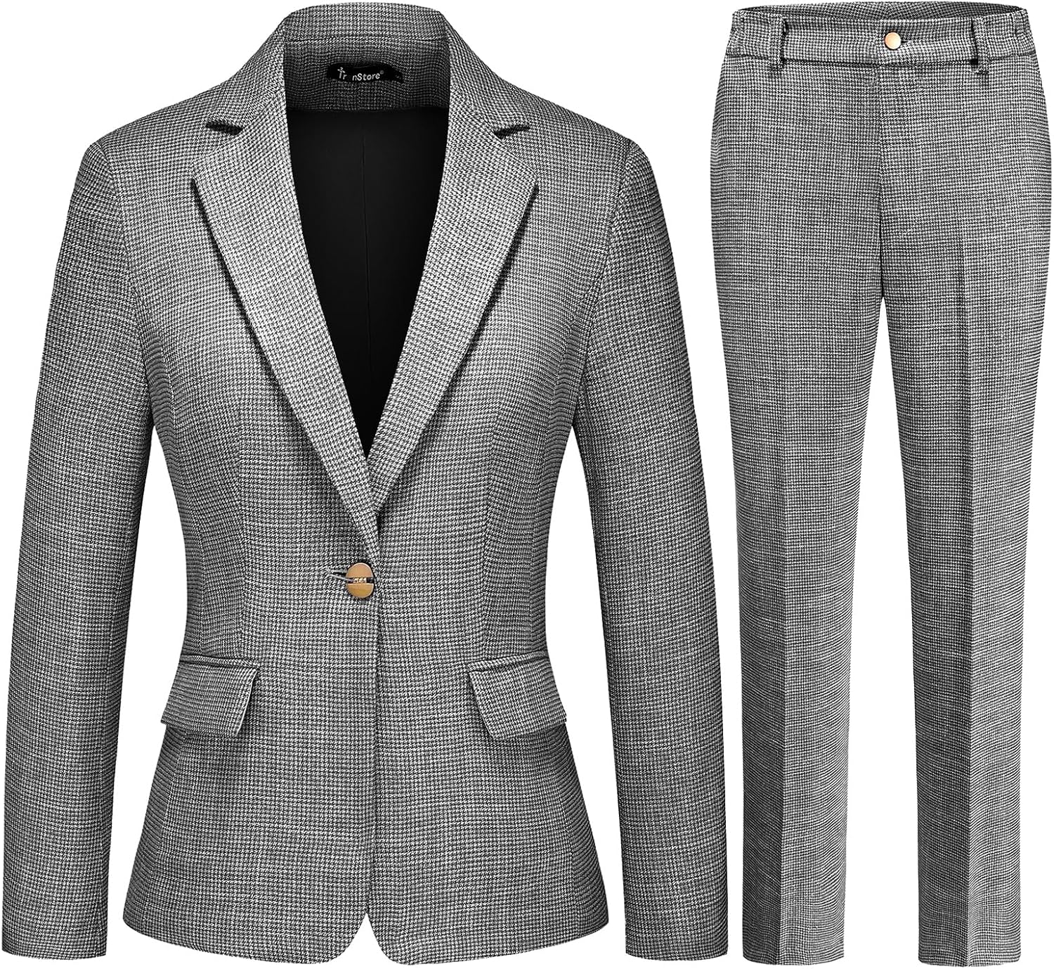 TRONSTORE Women's 2 Piece Business Pants Suit Set Plaid Blazer — Black Small Houndstooth