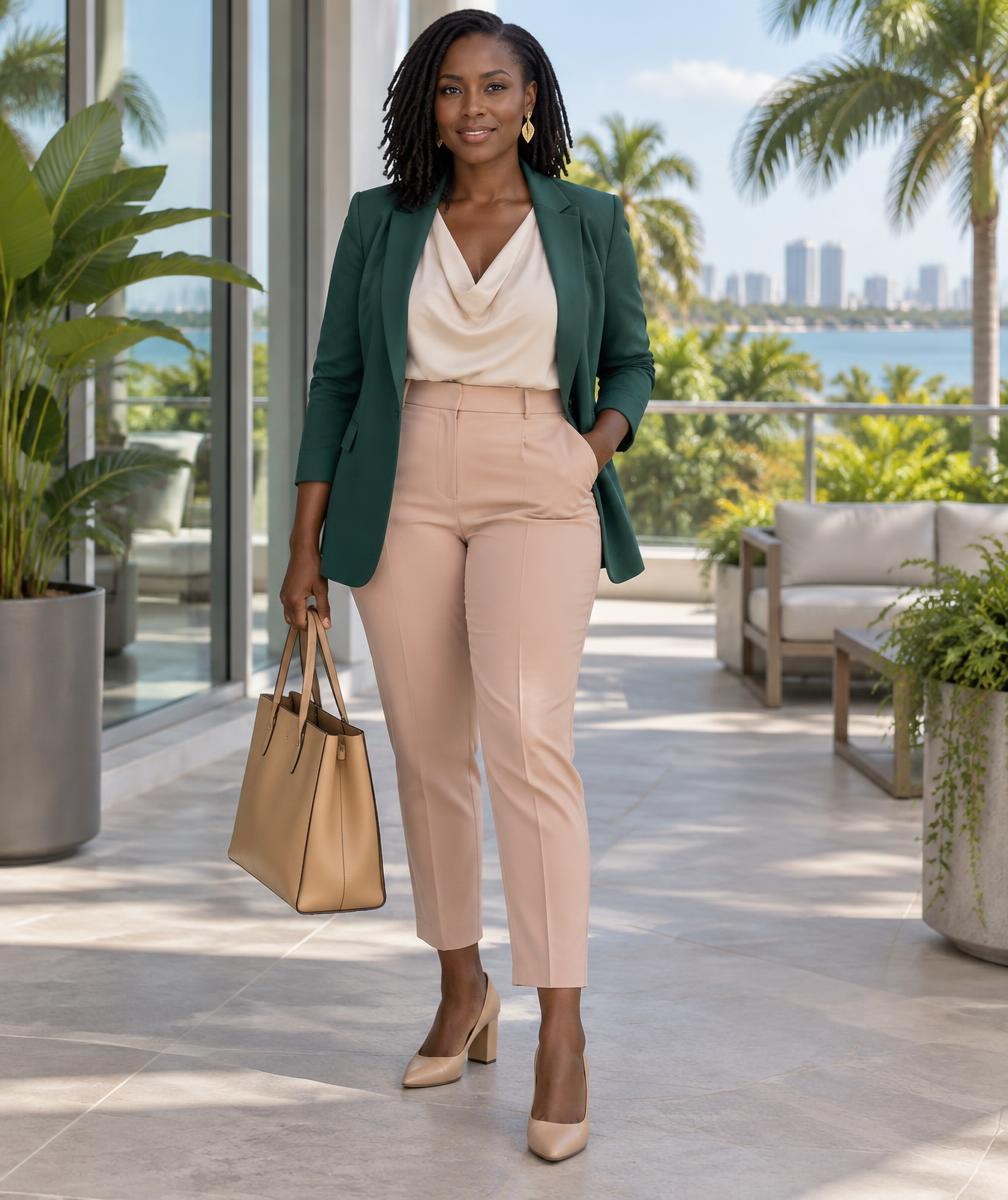 Black woman with locs wearing an emerald blazer, cream shell, and blush trousers on a Florida office terrace