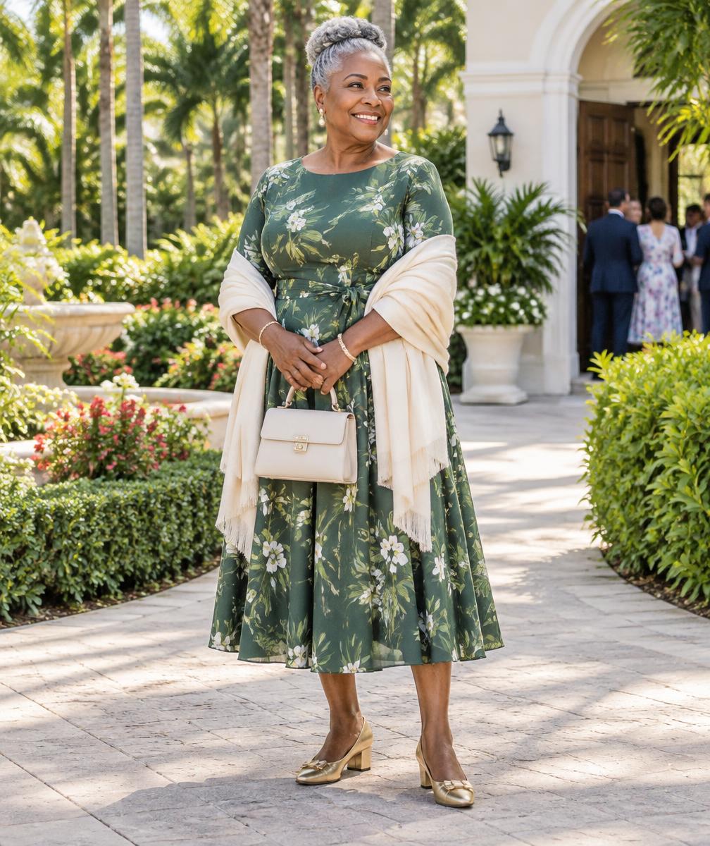 Mature Black woman in a botanical green midi dress and cream wrap at a Florida garden venue